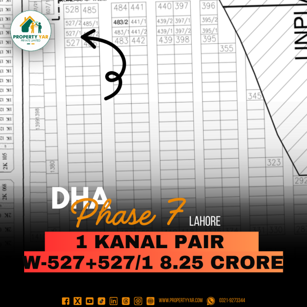 1 Kanal Prime Location Pairs Plots (W-527+527/1) Demand 8.25 Crore Near To Raya Golf Course On 50 Feet Wide Road Available For Sale In DHA Lahore Phase 7 Block W-1