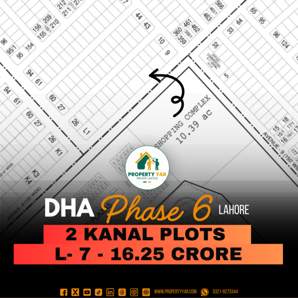 Best Price 2 Kanal Plot (L-7) Demand 1625 on 150 Feet Mean Road Near To Raya Golf Course And Shopping Complex Is Available For Sale In DHA Lahore Phase 6 Block L-1