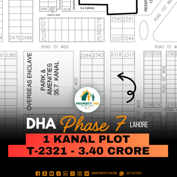 Prime Location 1 Kanal Plot (T-2321) Demand 3.40 Crore Near To Park And Mosque On 50 Feet Wide Road Available For Sale In DHA Lahore Phase 7 Block T-1
