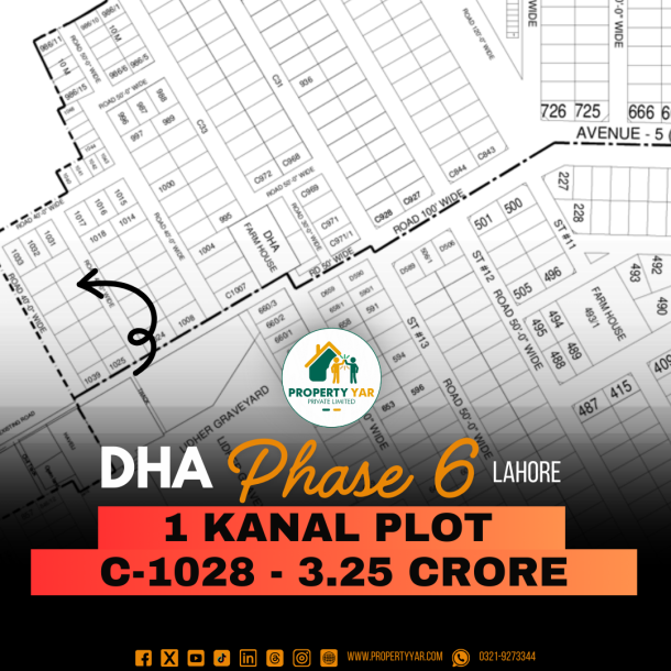 (C-1028) Ideal Location 1 Kanal Plot Demand 3.25 Crore Near To Park And Mosque On 50 Feet Wide Road Available For Sale DHA Lahore Phase 6 Block C-1