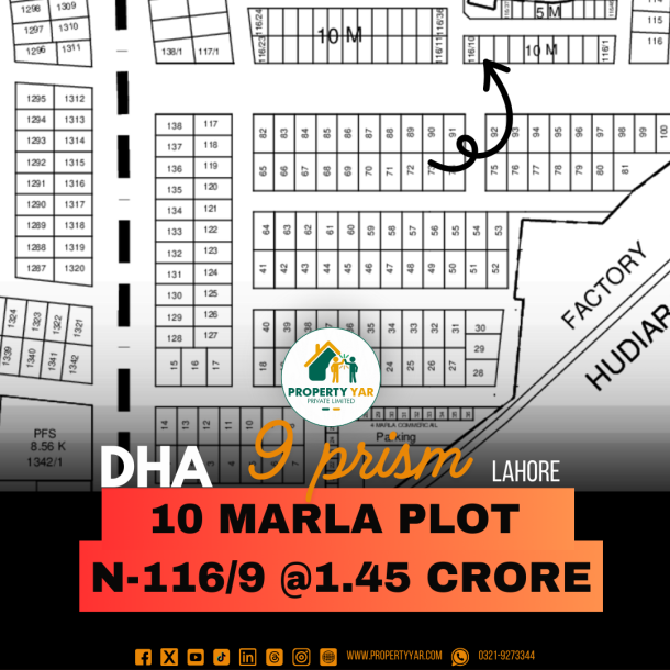 10 Marla Plot (N-116/9) Demand 1.45 Crore Facing 150 Feet Road Available For Sale In DHA Lahore Phase 9 Prism Block N-1