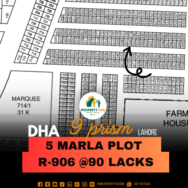 Affordable 5 Marla Plot (R-906) Demand 90 Lacks On 50 Feet Wide Road Near To Mosque And Park Available For Sale In DHA Lahore Phase 9 Prism Block R-1