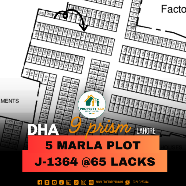 Affordable 5 Marla Plot (J-1364) Demand 65 Lacks On 50 Feet Road Near To Park And Factory Available For Sale In DHA Lahore Phase 9 Prism Block J-1