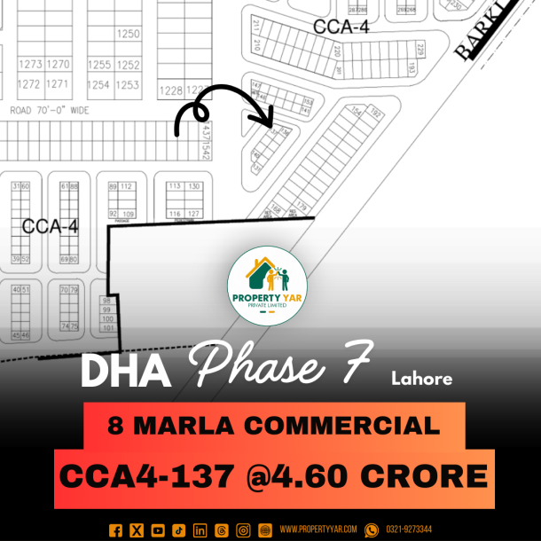 Corner 6.6 Marla Commercial Plot CCA4- 137 Demand 4.60 On 100 Feet Wide Road Available For Sale In DHA Lahore Phase 7 Block CCA1-1