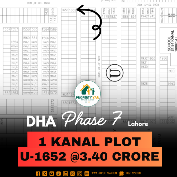 Corner 1 Kanal Plot U-1652 Demand 3.40 Crore On 100 Feet Wide Road Near To Park Available For Sale In DHA Lahore Phase 7 Block U-1