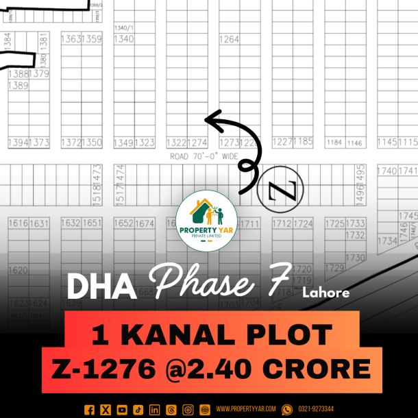 Z- 1276 Demand 2.40 Crore Affordable 1 Kanal Residential Plot On 50 Feet Wide Road Available For Sale In DHA Lahore Phase 7 Block Z-1