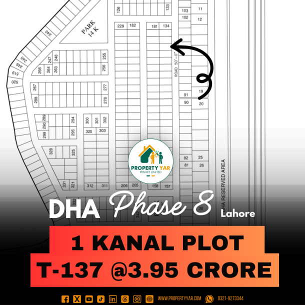 Ideal Location Reasonable Price 1 Kanal Plot T-137 On 50 Feet Wide Road Near To Park Available For Sale In DHA Lahore Phase 8 Block T-1