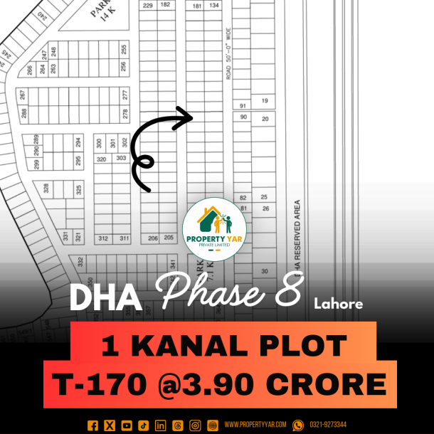 Reasonable Price 1 Kanal Plot T-170 On 50 Feet Wide Road Near To Park Available For Sale In DHA Lahore Phase 8 Block T-1
