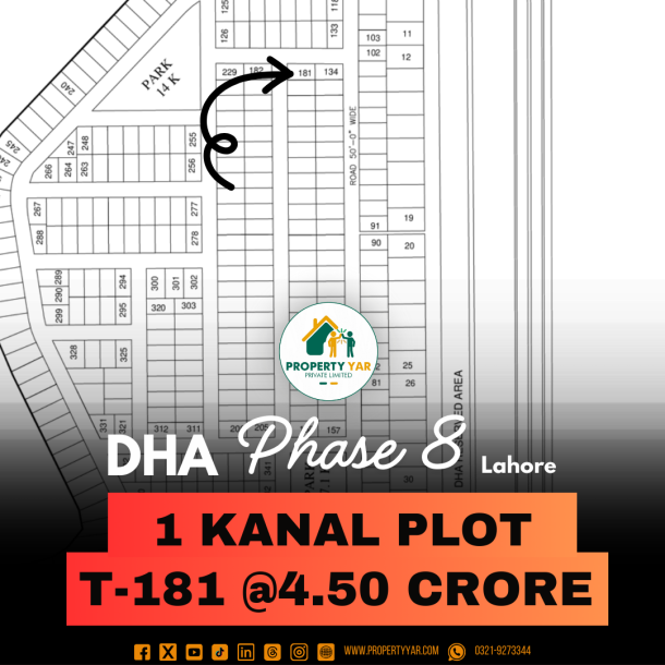 Corner Plot T-181 Close To Park On 50 Feet Road Near To Grid Station Available For Sale In DHA Lahore Phase 8 Block T-1