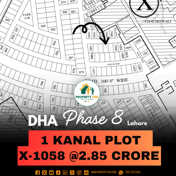 Lowest Price 1 Kanal Plot X- 1058 On 50 Feet Road Near To Commercial Area Available For Sale In DHA Lahore Phase 8 Block X-1
