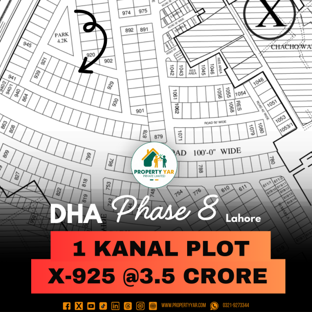 Top Location Plot X- 925 On 50 Feet Road Available For Sale In DHA Lahore Phase 8 Block X-1