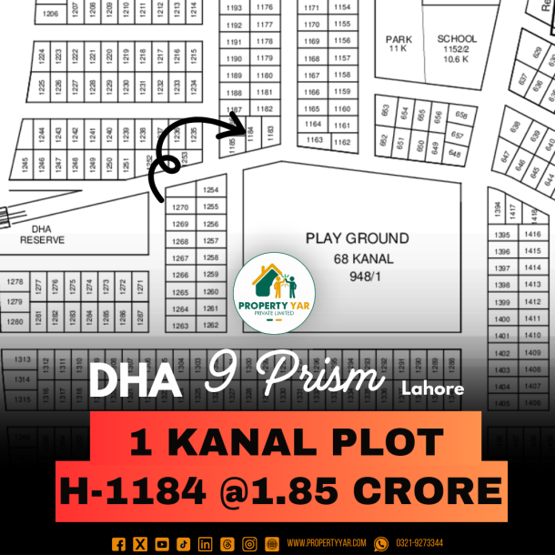Corner Ideal Location Plot H- 1184 On 50 Feet Wide Road Facing Play ground Area Available For Sale In DHA Lahore Phase 9 Prism Block H-1