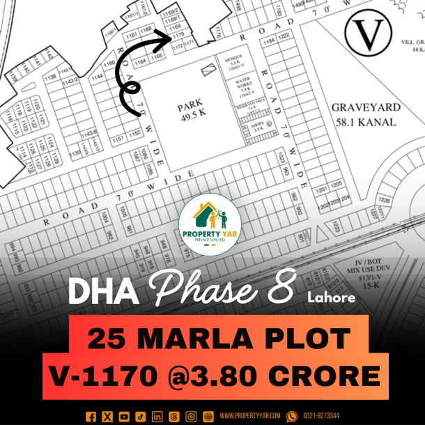 25 Marla Plot V-1170 Paper Available Very Close To Park on 50 Feet Road Available For Sale In DHA Lahore Phase 8 Sector V-1