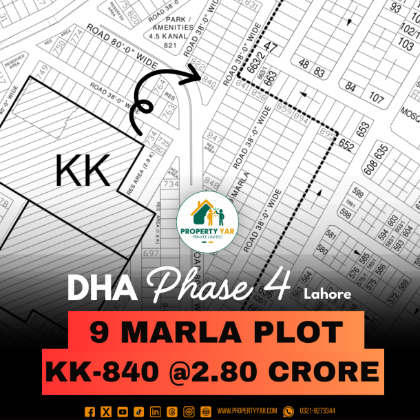 Corner 9 Marla Plot KK-840 Close To Park And On 38 Feet Wide Road Available For Sale In DHA Lahore Phase 4 Block KK-1