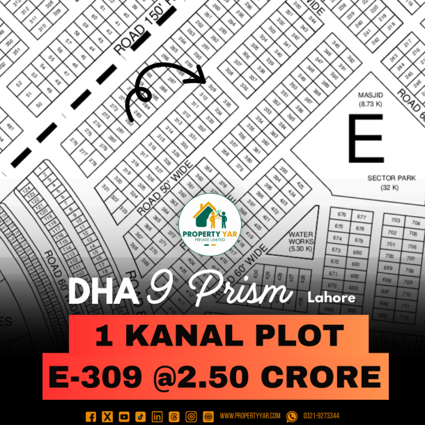 Corner 1 Kanal Plot E-309 On 50 Feet Road Available For Sale In DHA Lahore Phase 9 Prism Block E-1
