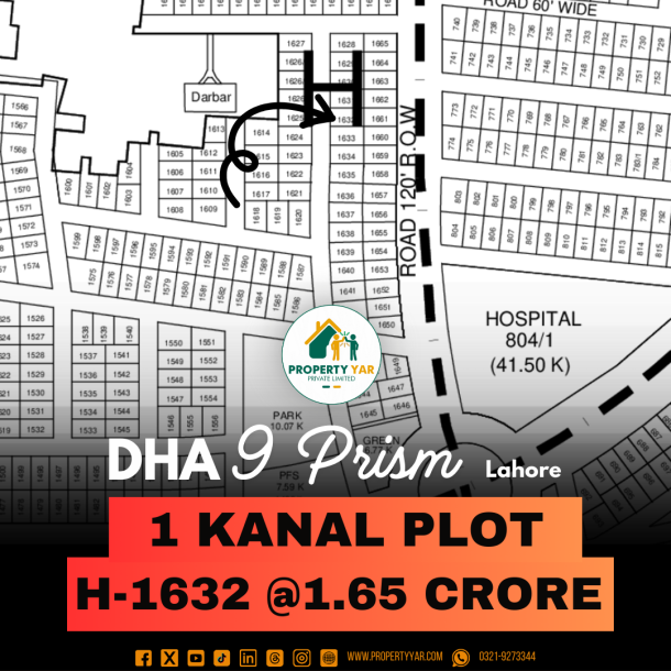 H- 1632 Reasonable 1 Kanal Plot On 50 Feet Road Available For Sale In DHA Lahore Phase 9 Prism Block H-1