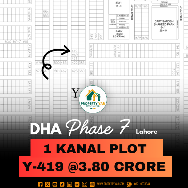 Affordable Price 1 Kanal Plot Y- 419 On 50 Feet Road Available For Sale In DHA Lahore Phase 7 Block Y-1