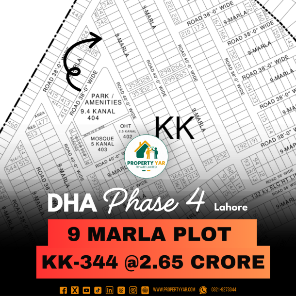 9 Marla Prime Location Plot KK-344 Demand 2.65 Crore Close To Park Available For Sale In DHA Lahore Phase 4 Block KK-1