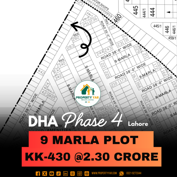 Investor Rate 9 Marla Plot KK-430 On 50 Feet Road Available For Sale In DHA Lahore Phase 4 Block KK-1