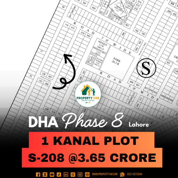 1 Kanal Plot Paper Available S-208 On 50 Feet Road Available For Sale In DHA Lahore Phase 8 Block S-1
