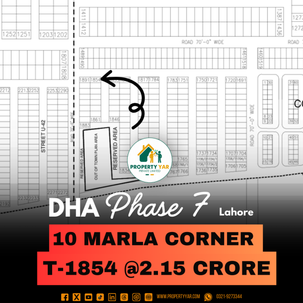 Corner 10 Marla Plot T-1854 On 50 Feet Road Available For Sale In DHA Lahore Phase 7 Block T-1