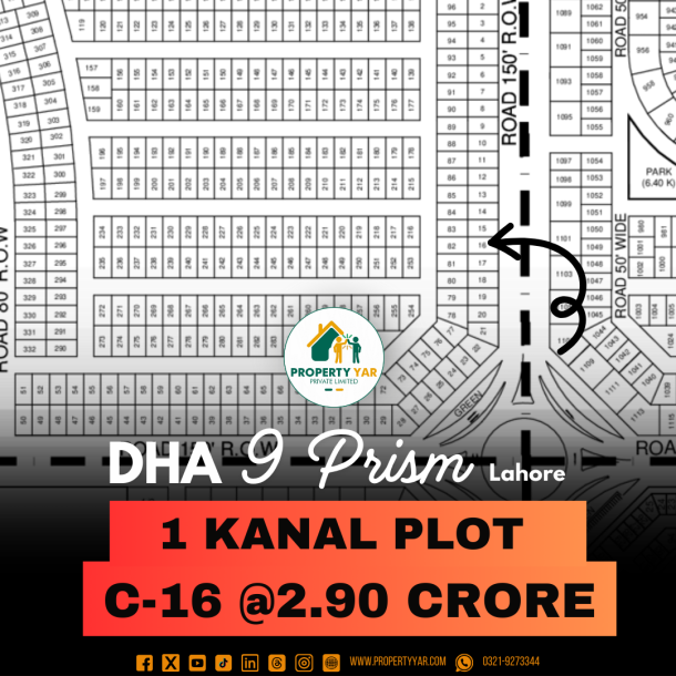 Prime Location 1 Kanal Plot C-16 On 150 Feet Mean Road Available For Sale In DHA Lahore Phase 9 Prism Block C-1