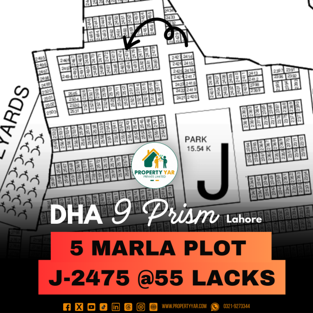 Cheapest Price 5 Marla Plot J-2475 On 50 Feet Road Available For Sale In DHA Lahore Phase 9 Prism Block J-1