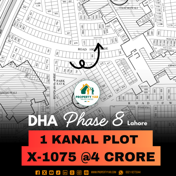Prime Location 1 Kanal Plot X-1075 On 100 Feet Wide Road Available For Sale In DHA Lahore Phase 8 Block X-1