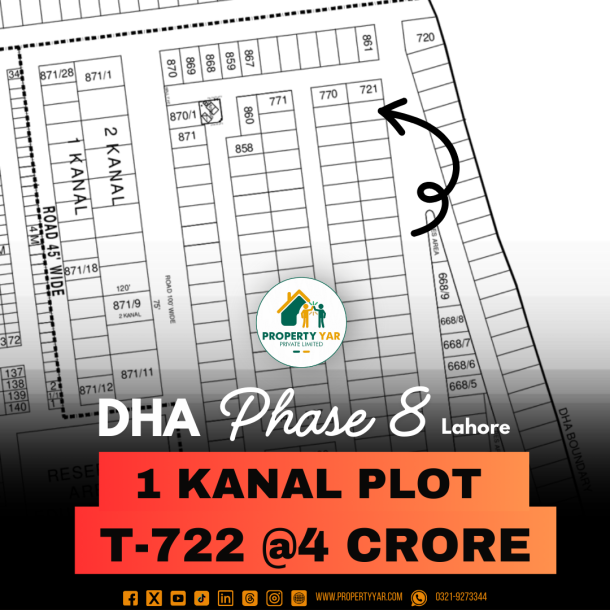 Next To Corner 1 Kanal Plot T-722 On 60 Feet Road Available For Sale In DHA Lahore Phase 8 Block T-1