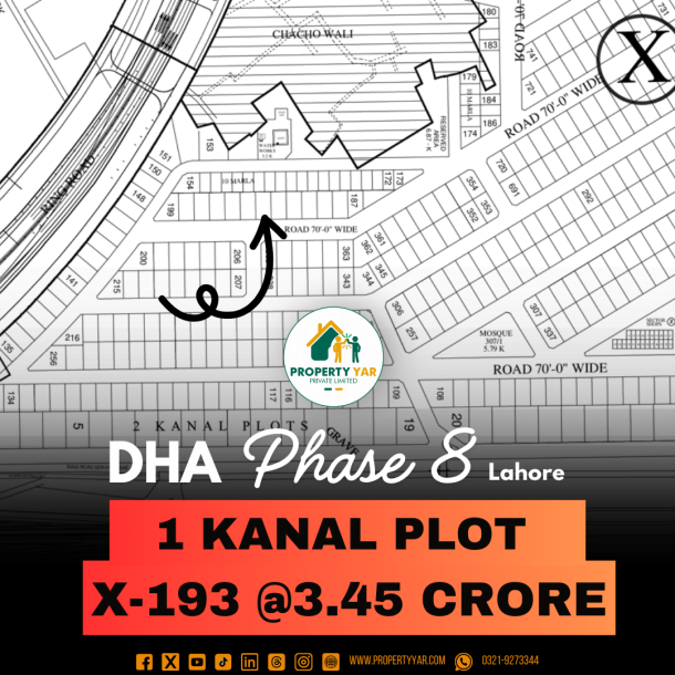 Prime Location 1 Kanal Plot X-193 On 70 Feet Road Available For Sale In DHA Lahore Phase 8 Block X-1