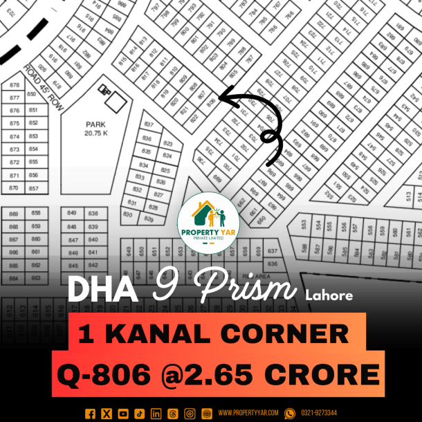 Corner 1 Kanal Plot Q-806 For Sale In DHA Lahore Phase 9 Prism Block Q-1