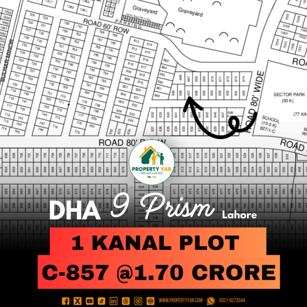 Top Location 1 Kanal Plot C-857 On 50 Feet Road Available For Sale In DHA Lahore Phase 9 Prism Block C-1