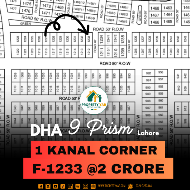 Corner 1 Kanal Plot Available On 50 Feet For Sale In DHA Lahore Phase 9 Prism-1