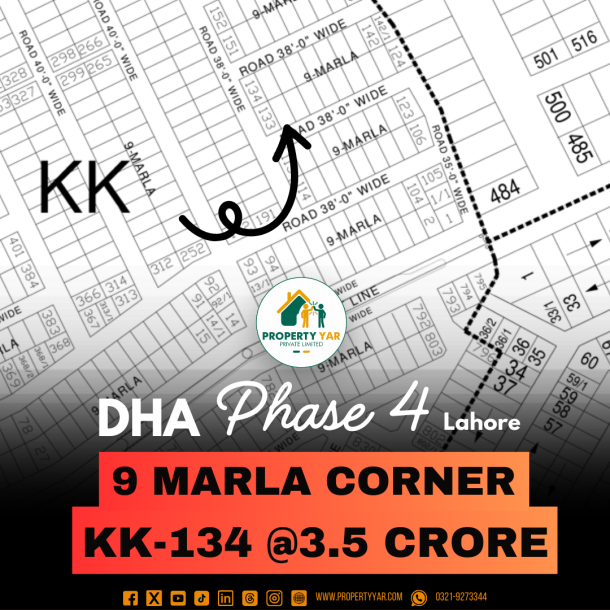 Corner Best Location 9 Marla Plot For Sale In DHA Lahore Phase 4 Block KK-1