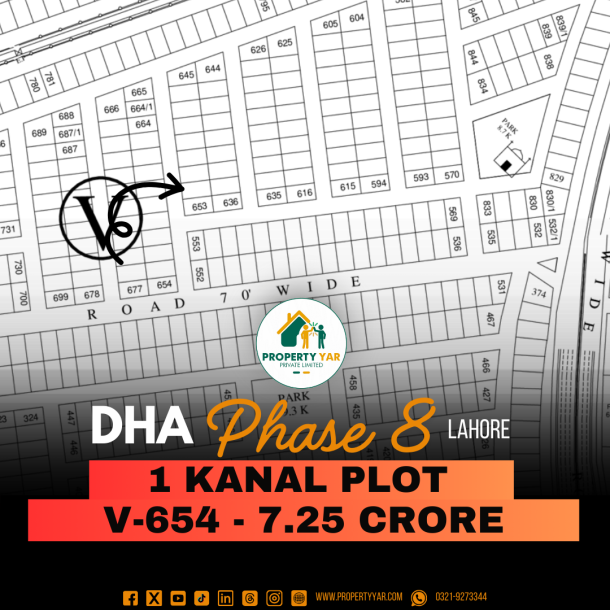 Corner 1 Kanal Plot (V-654) Demand 7.25 Crore On 50 Feet Wide Road Close To Park And Mosque Available For Sale In DHA Lahore Phase 8 Block V-1