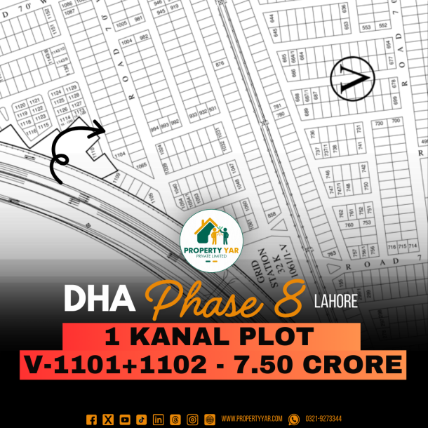 Facing Park 1 Kanal Pair Plots (V-1101+1102) Demand 7.50 Crore On 50 Feet Road Available For Sale In DHA Lahore Phase 8 Block V-1