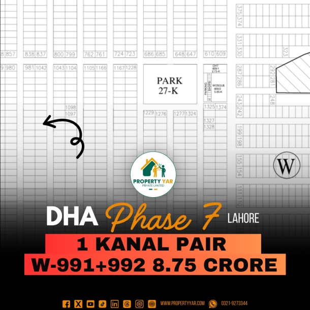 Excellent Location 1 Kanal Pair Plots (W-991+992) Demand 8.75 Crore Near To Park On 50 Feet Wide Road Available For Sale In DHA Lahore Phase 7 Block W-1