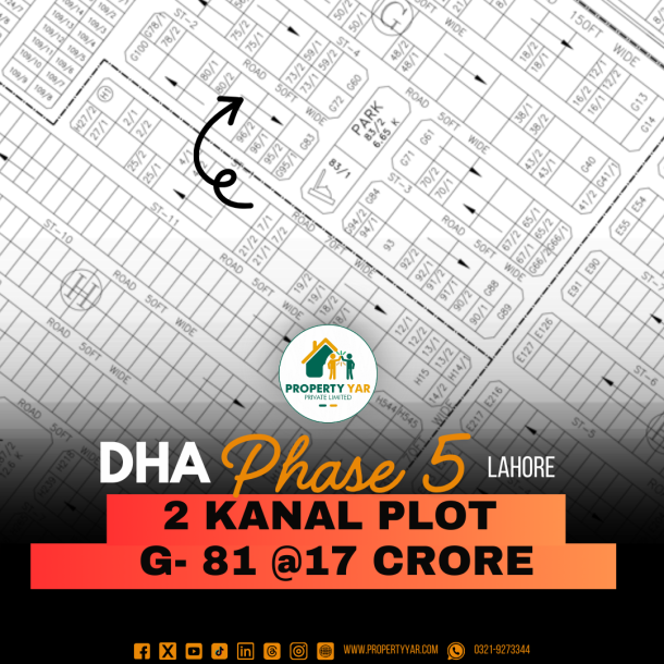(G- 81) 2 Kanal Best Location Plot Demand 17 crore Near To Park And Mosque On 50 Feet Road Available For Sale In DHA Lahore Phase 5 Block G-1