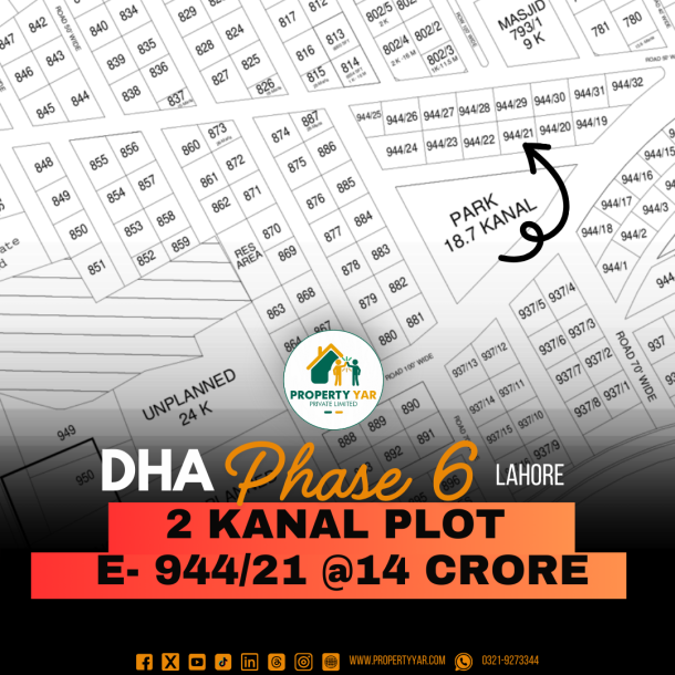 Facing Park 2 Kanal Plot (E-944/21) Demand 14 Crore Near To Park And Mosque Available For Sale In DHA Lahore Phase 6 Block E-1