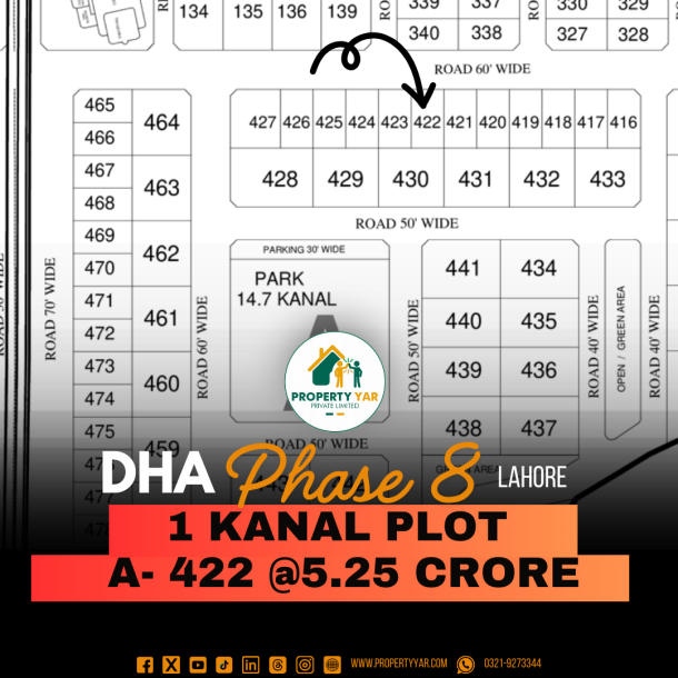 Prime 1 Kanal Plot (A-422) Demand 5.25 Crore Near To Park And Mosque On 60 Feet Road Available For Sale In DHA Lahore Phase 8 Ex Park View Block A-1