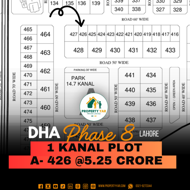 Next To Corner 1 Kanal Plot (A-426) Demand 5.25 Crore Close To Park And Mosque On 60 Feet Road Available For Sale In DHA Lahore Phase 8 Ex Park View Block A-1