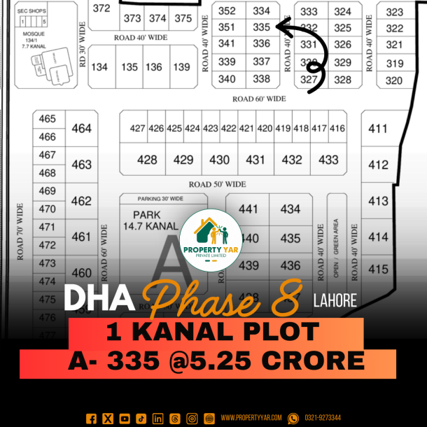Best Price 1 Kanal Plot (A-335) Demand 5.25 Crore Close To Park And Mosque On 40 Feet Road Available For Sale In DHA Lahore Phase 8 Ex Park View Block A-1