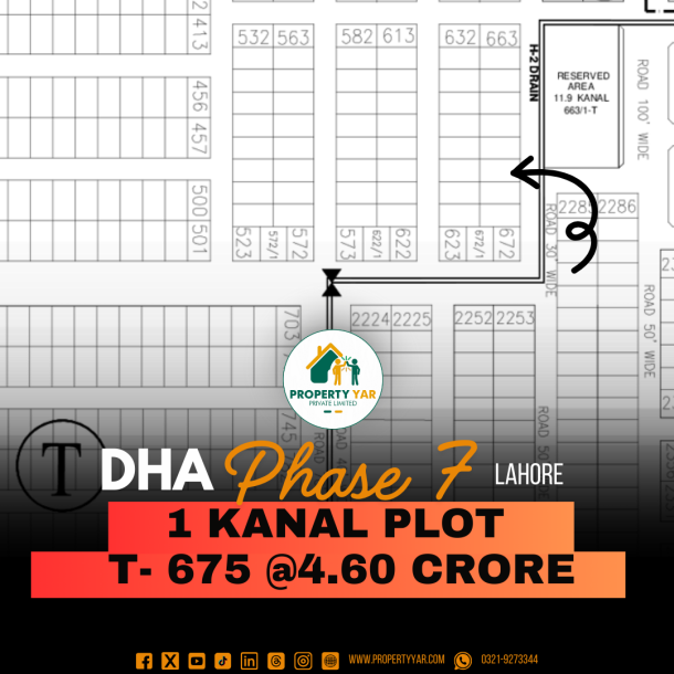 Prime Location 1 Kanal Plot (T-675) Demand 4.60 Crore Near To Park And Shops On 50 Feet Road Available For Sale In DHA Lahore Phase 7 Block T-1
