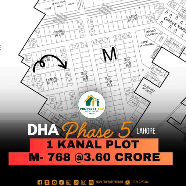 Corner 1 Kanal Plot (M-768) Demand 3.60 Crore Near To Park And Mosque On 50 Feet Road Available For Sale In DHA Lahore Phase 5 Block M-1