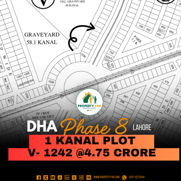 Prime Location Plot (V-1242) Demand 4.75 Crore on 160 Feet Mean Road Near To Park And Masjid Available For Sale In DHA Lahore Phase 8 Block V-1