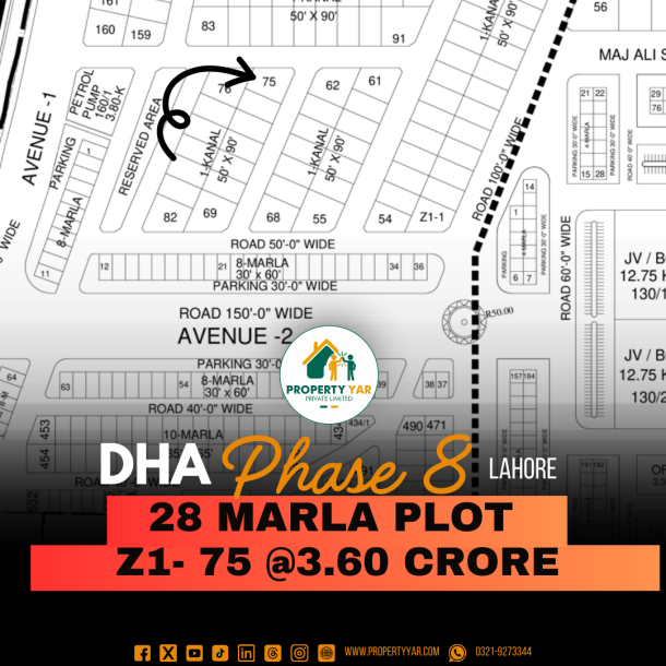 28 Marla Corner Plot (Z1_ 75) Demand 3.60 Crore Near To Petrol Pump On 50 Feet Road Available For Sale In DHA Lahore Phase 8 Block Z1-1
