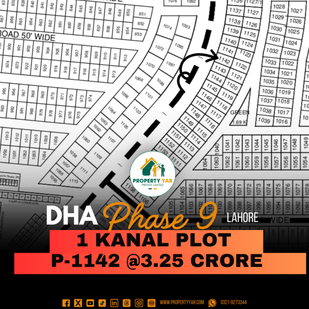 Affordable 1 Kanal Plot (P-1142) Demand 3.25 Crore Near To Park On 150 Feet Wide Road Available For Sale In DHA Lahore Phase 9 Prism Block P-1