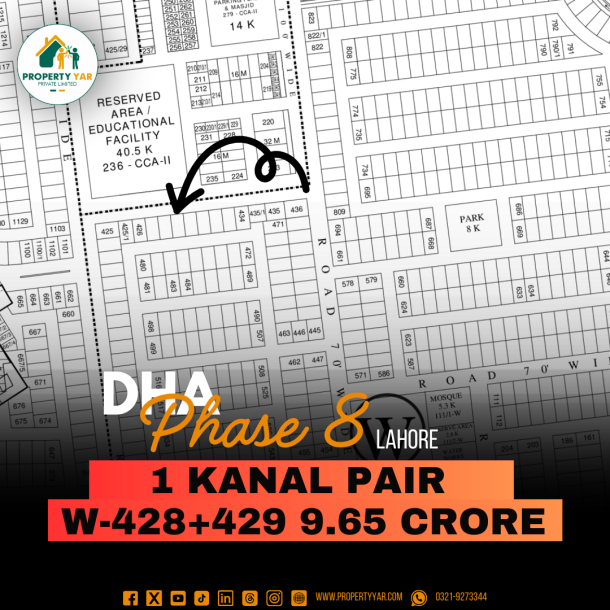 Affordable 1 Kanal Pair Plots (W-428+429) Demand 9.65 Crore Available For Sale in DHA Lahore-1