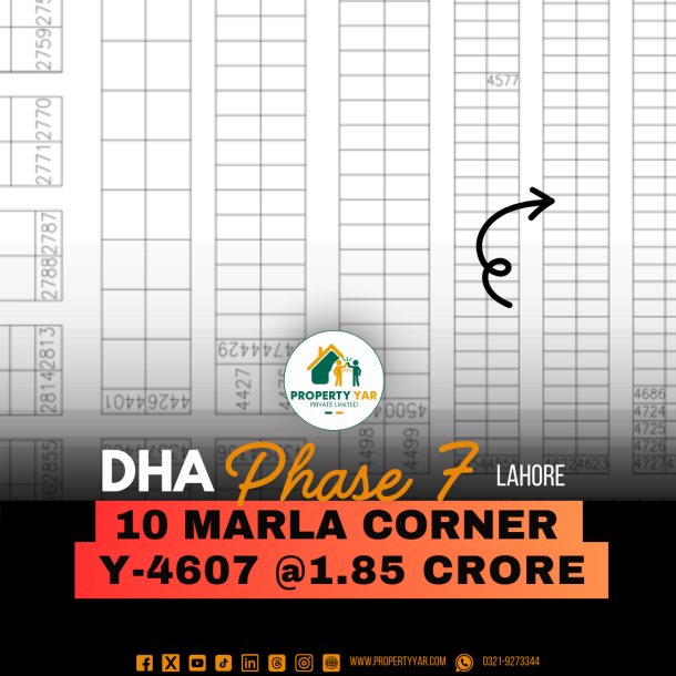 Prime Location 10 Marla Plot (Y-4607) Demand 1.85 Crore Near To Park On 50 Feet Wide Road Available For Sale In DHA Lahore Phase 7 Block Y-1