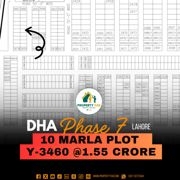 Affordable 10 Marla Plot (Y-3460) Demand 1.55 Crore on 50 Feet Wide Road Near To Park And Shops Available For Sale In DHA Lahore Phase 7 Block Y-1
